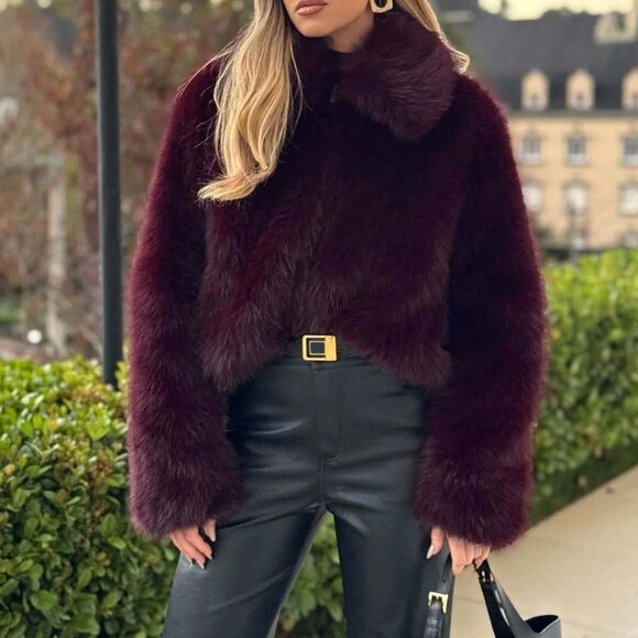 Jackets & Blazers - Burgundy Party Women's Casual Minimalist Faux Fur Jacket